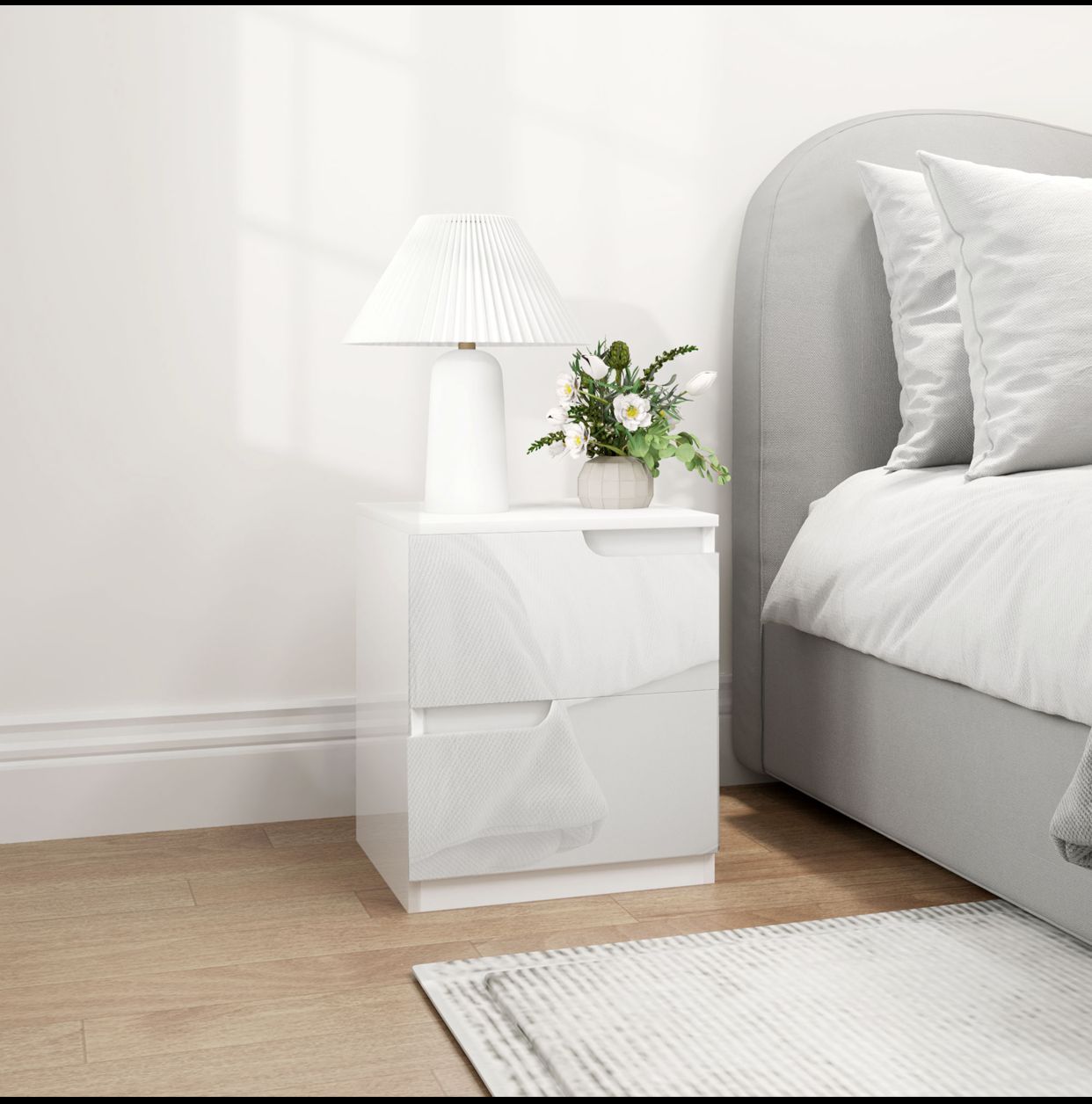 Table de Nuit Moderne  avec 2 Tiroirs et Design Brillant - Blanc