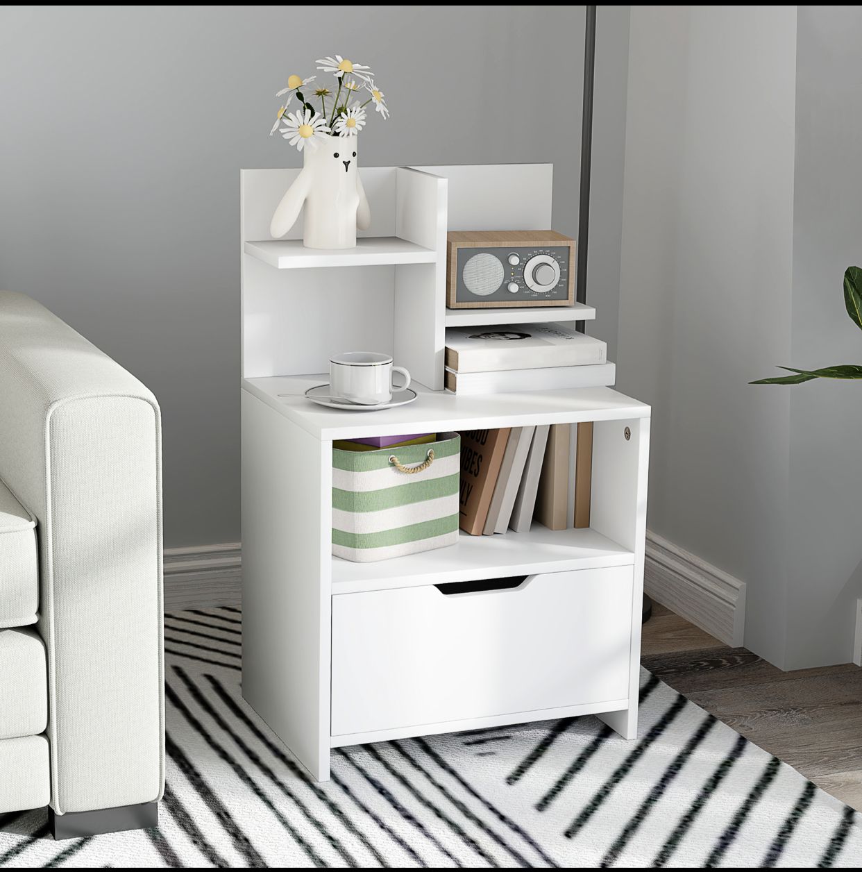 Table de chevet table de nuit avec tiroir, niche et étagères de rangement effet bois - blanc