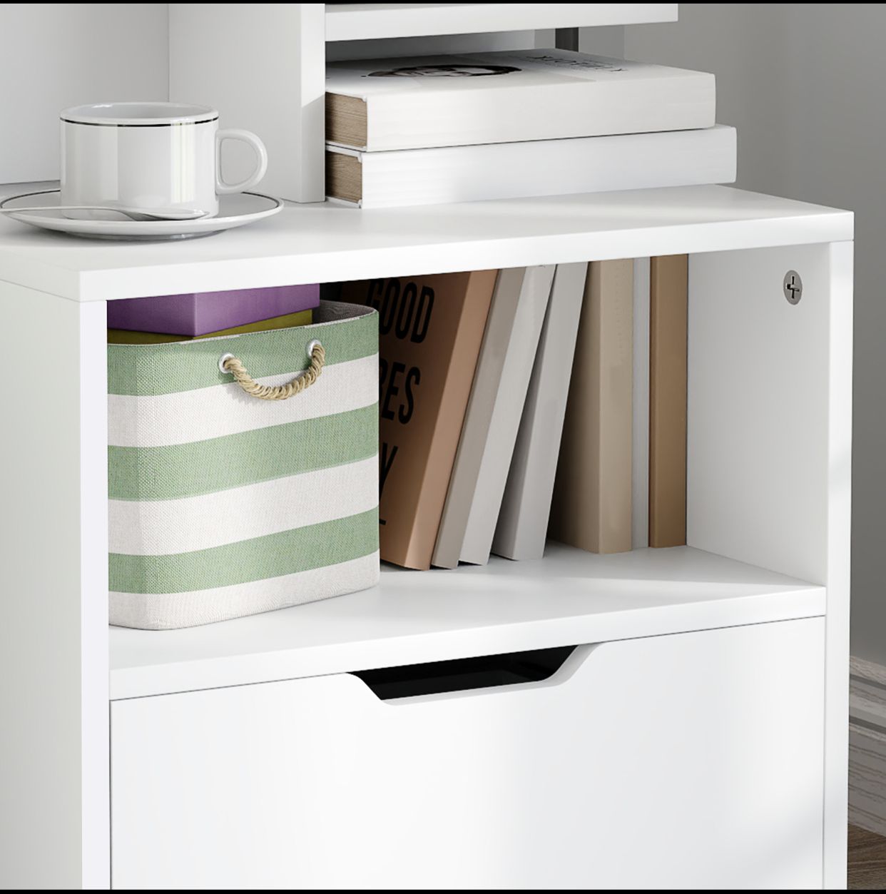 Table de chevet table de nuit avec tiroir, niche et étagères de rangement effet bois - blanc