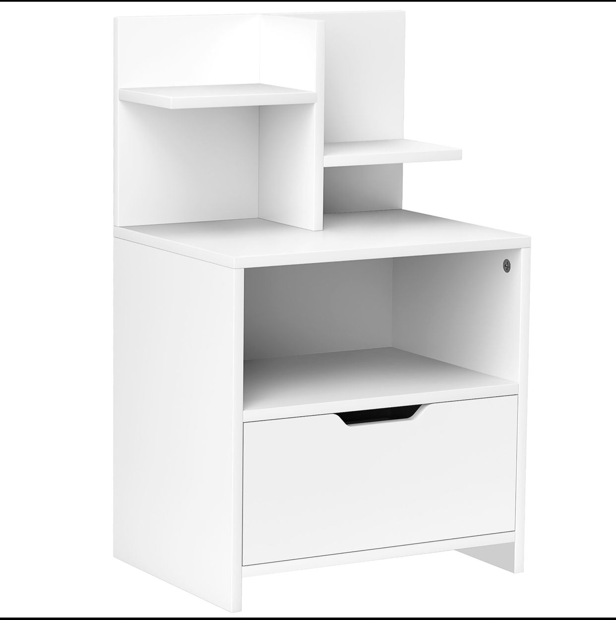 Table de chevet table de nuit avec tiroir, niche et étagères de rangement effet bois - blanc