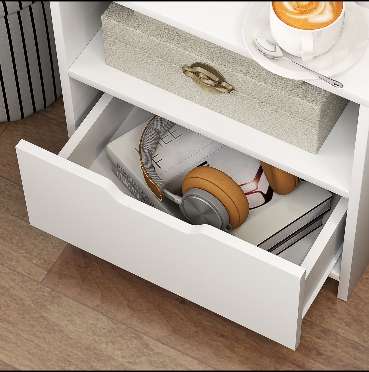 Table de chevet table de nuit avec tiroir, niche et étagères de rangement effet bois - blanc