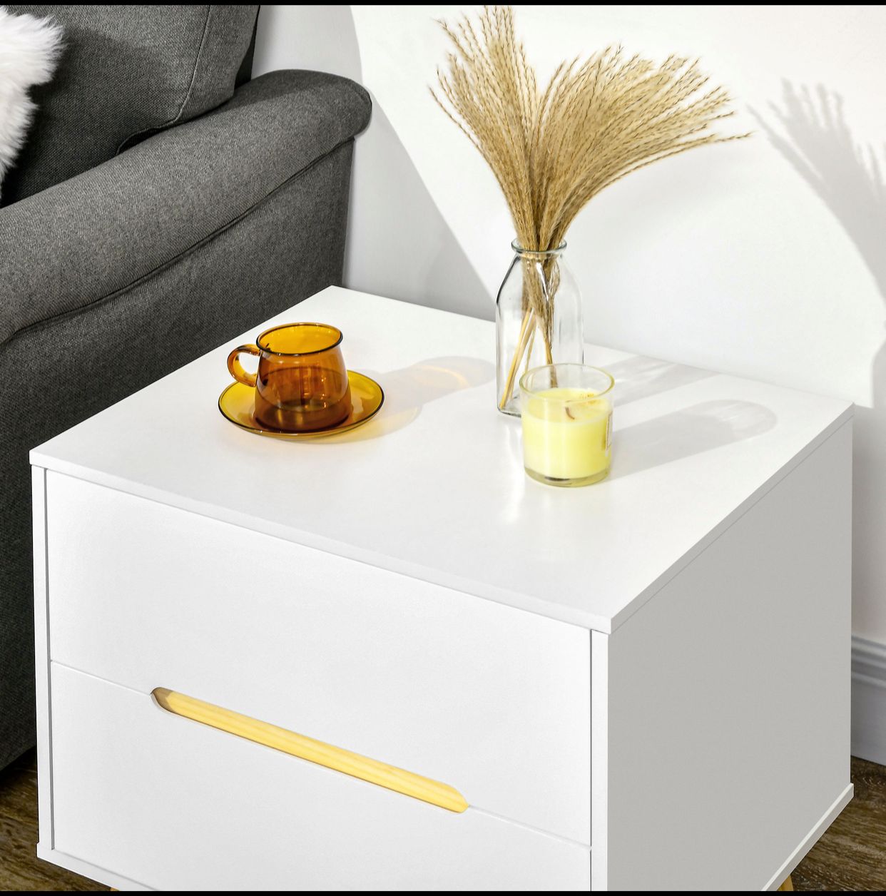 Table de Chevet Moderne avec 2 Tiroirs en Panneau de Particules et Pieds en Bois de Pin - Blanc