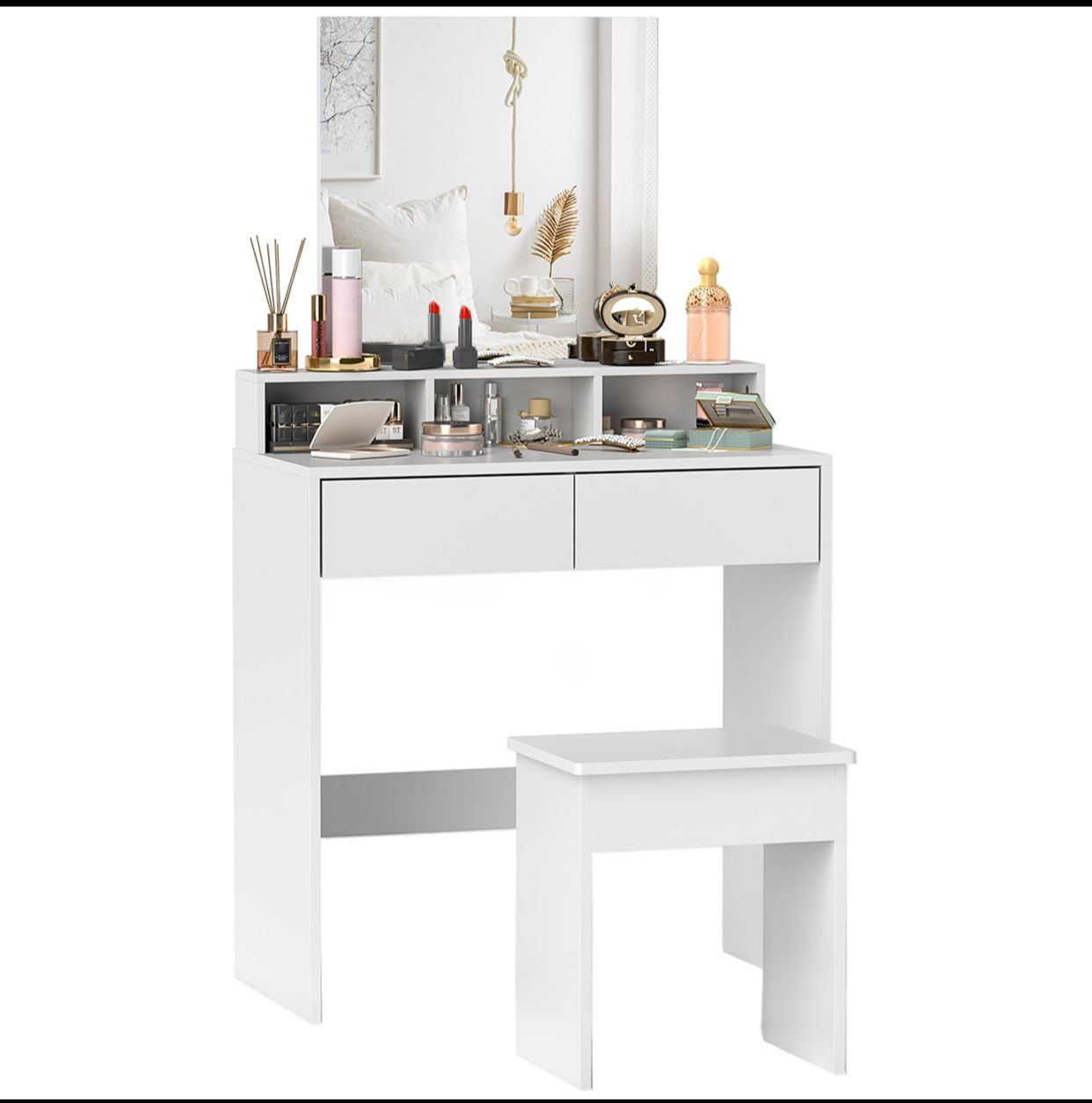 Coiffeuses de Maquillage avec Miroir, 3 Étagères, 2 Tiroirs et Tabouret