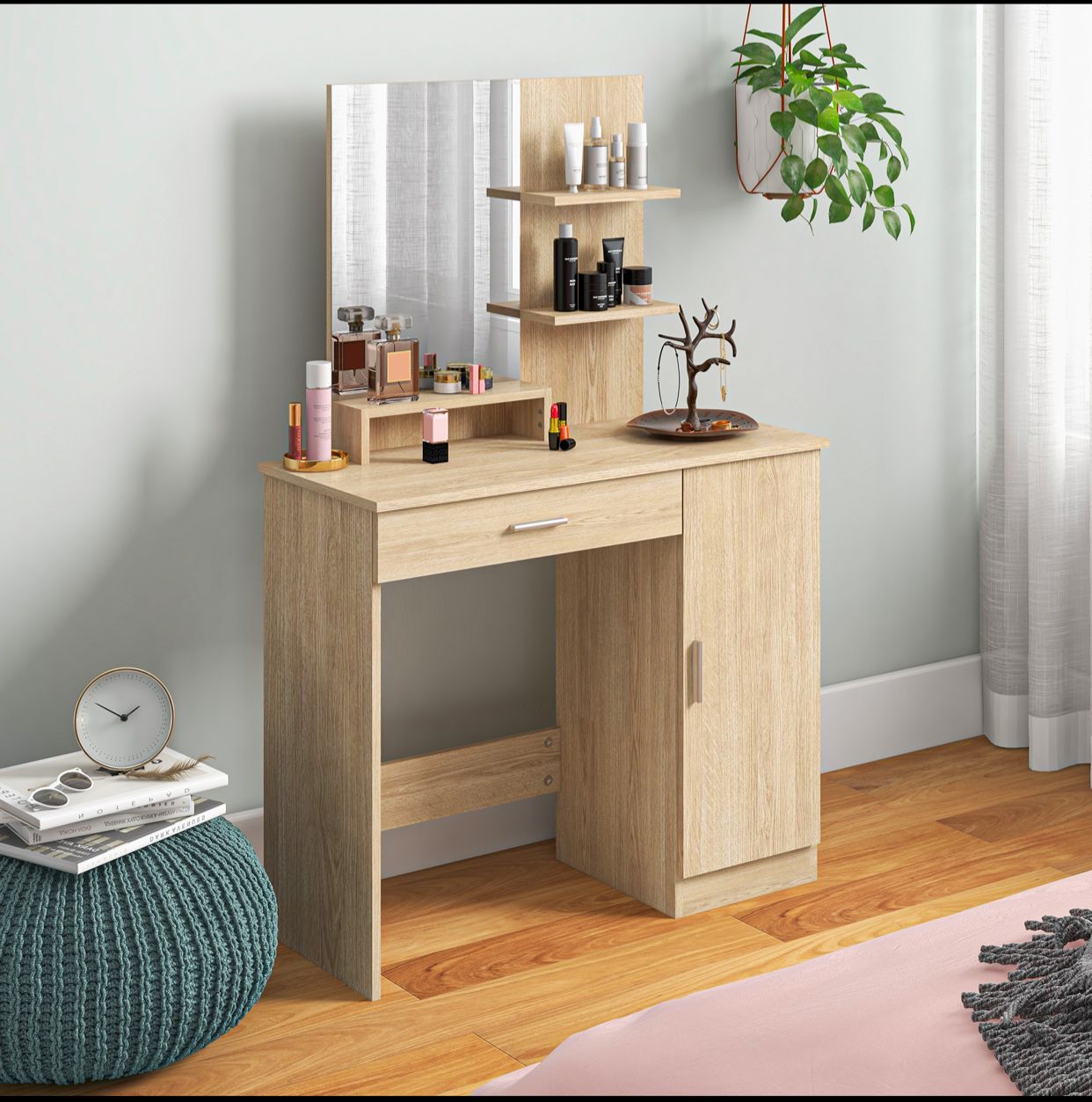 Coiffeuse de Chambre Polyvalente – Érable – avec Armoire, Miroir & Étagères