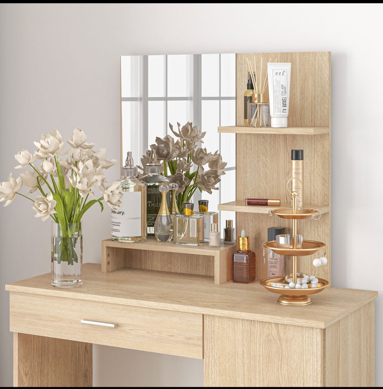 Coiffeuse de Chambre Polyvalente – Érable – avec Armoire, Miroir & Étagères