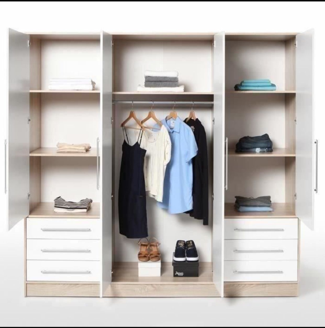 Armoire 4 portes battantes + 6 tiroirs - Chene et blanc