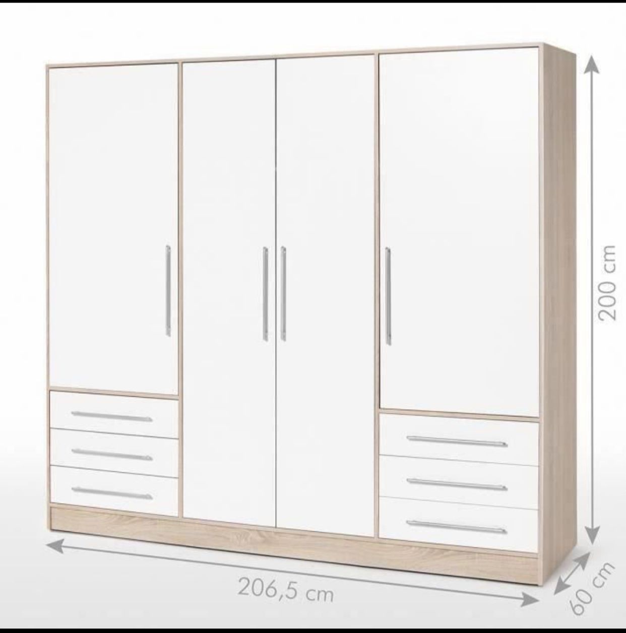 Armoire 4 portes battantes + 6 tiroirs - Chene et blanc