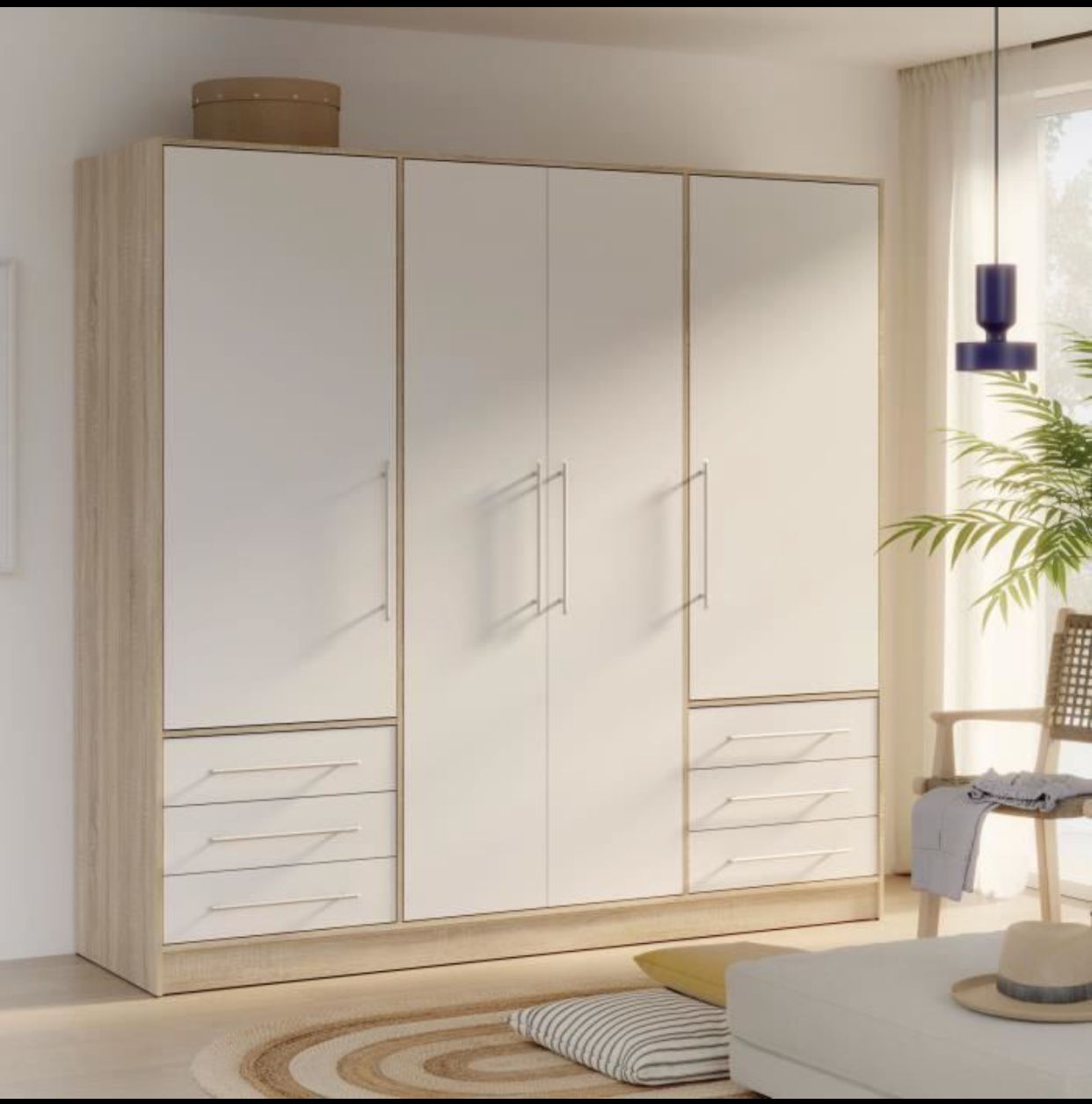 Armoire 4 portes battantes + 6 tiroirs - Chene et blanc