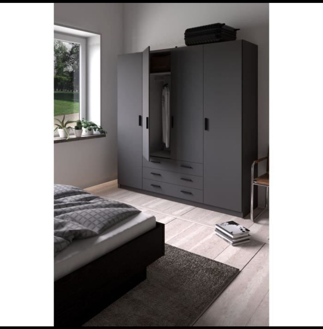 Armoire VEGA - Décor Gris anthracite - 4 portes + 3 tiroirs