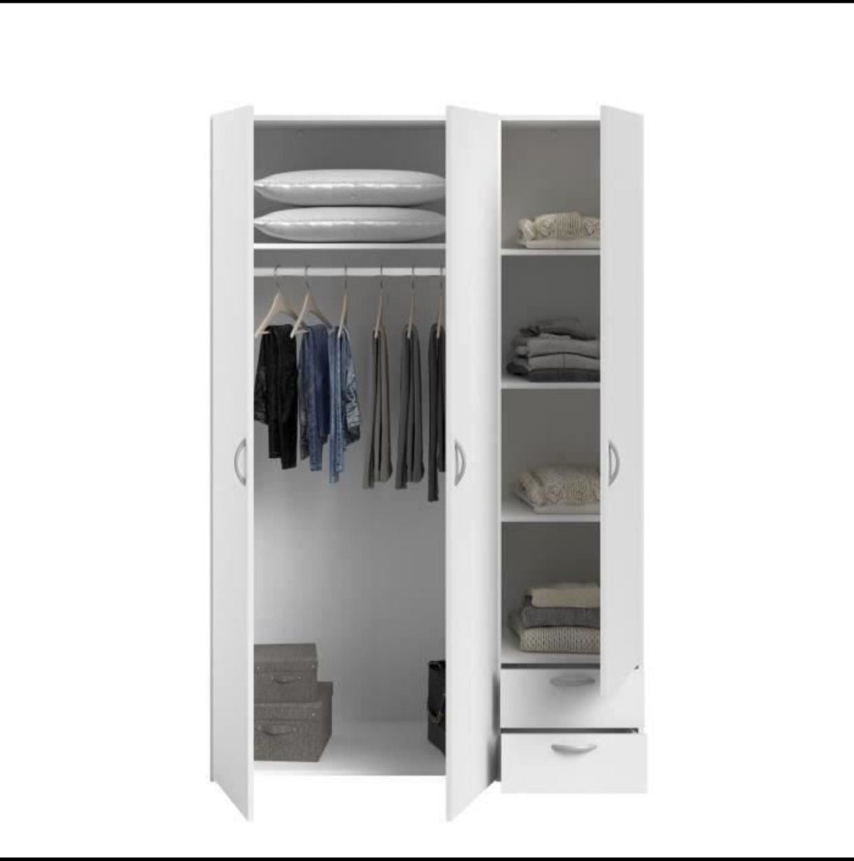 Armoire VARIA – 3 Portes Battantes & 2 Tiroirs – Blanc Épuré