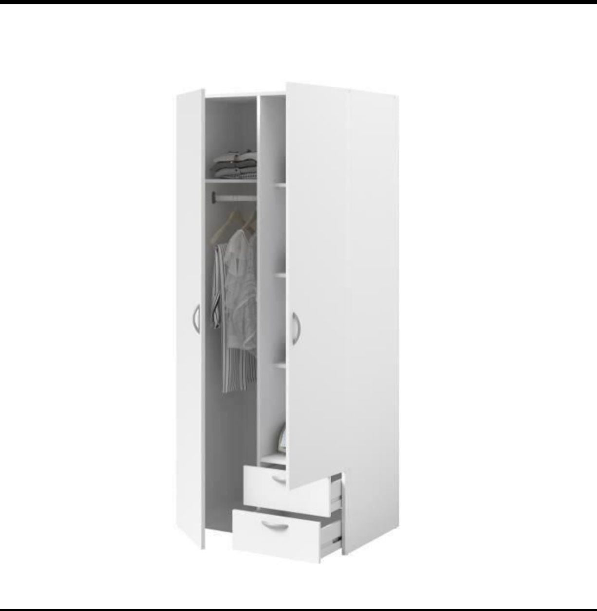 Armoire VARIA – 2 Portes Battantes & 2 Tiroirs – Blanc Épuré