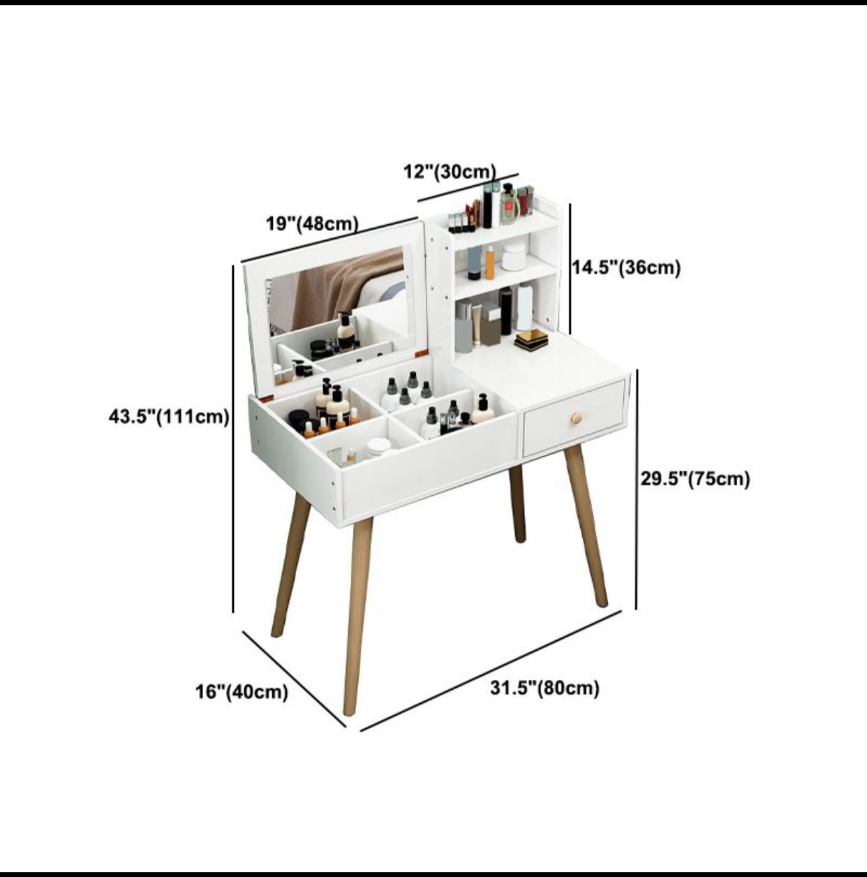 Coiffeuses de bois Blanc pieds en bois massif avec supports de rangement avec chaise