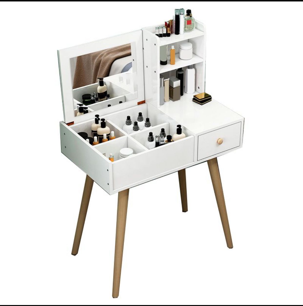 Coiffeuses de bois Blanc pieds en bois massif avec supports de rangement avec chaise