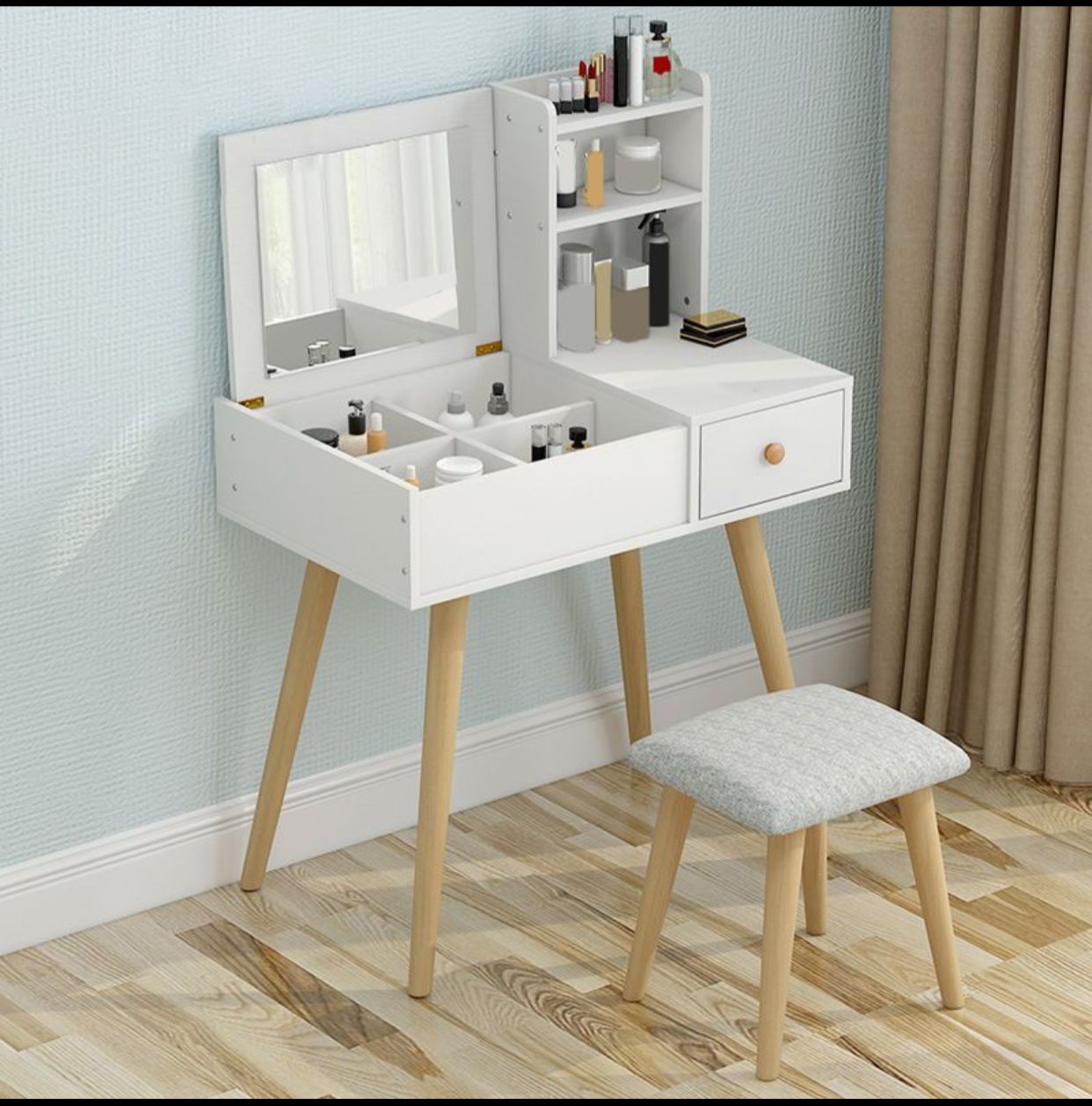 Coiffeuses de bois Blanc pieds en bois massif avec supports de rangement avec chaise