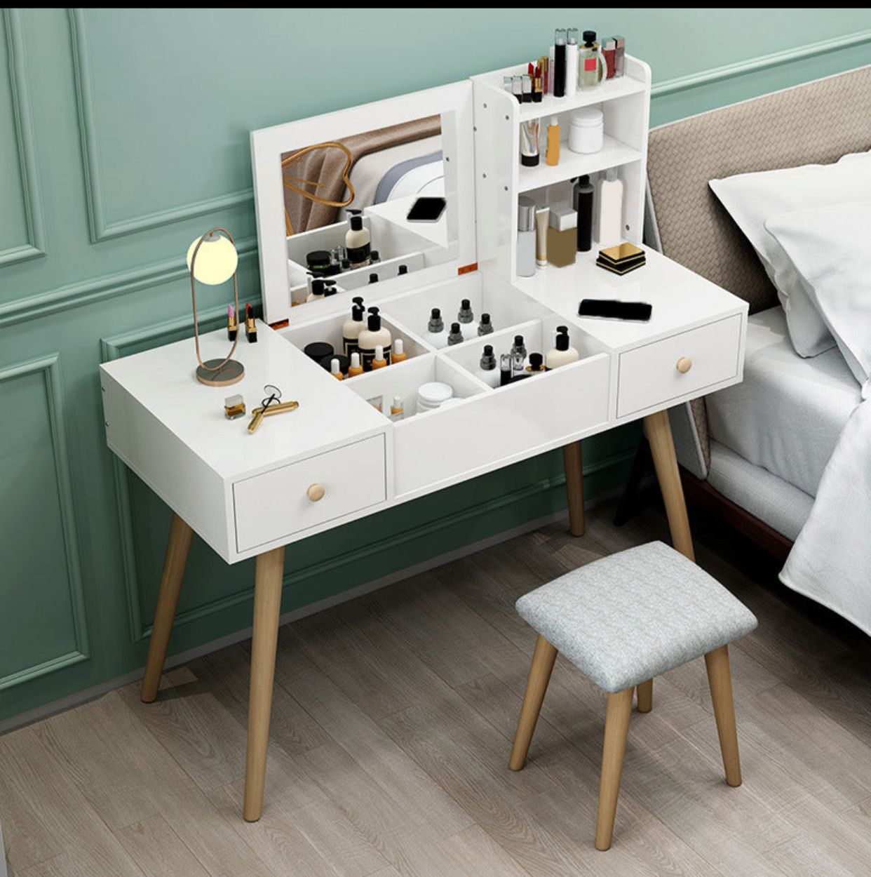 Coiffeuses de bois Blanc pieds en bois massif avec supports de rangement avec chaise