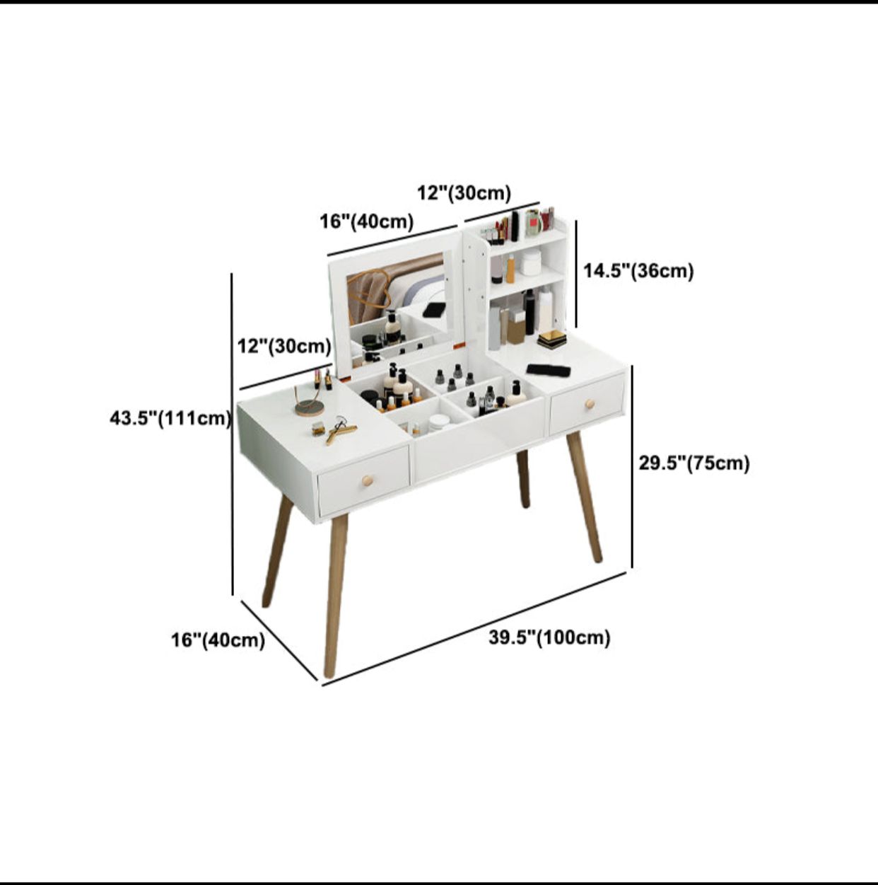 Coiffeuses de bois Blanc pieds en bois massif avec supports de rangement avec chaise