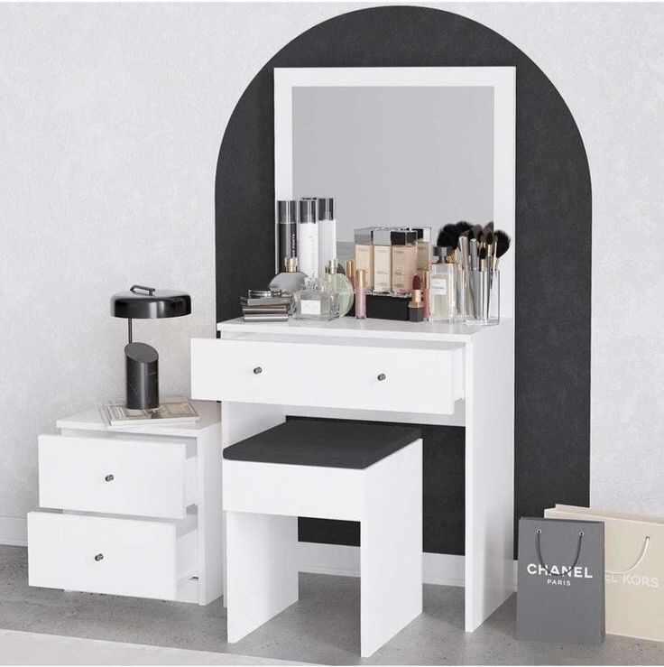 Ensemble Coiffeuse de Maquillage Complète – Blanc Éclatant (Miroir, Tabouret & Tiroirs)