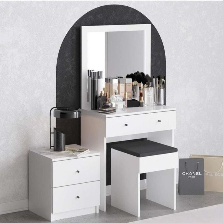 Ensemble Coiffeuse de Maquillage Complète – Blanc Éclatant (Miroir, Tabouret & Tiroirs)
