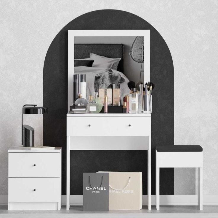 Ensemble Coiffeuse de Maquillage Complète – Blanc Éclatant (Miroir, Tabouret & Tiroirs)