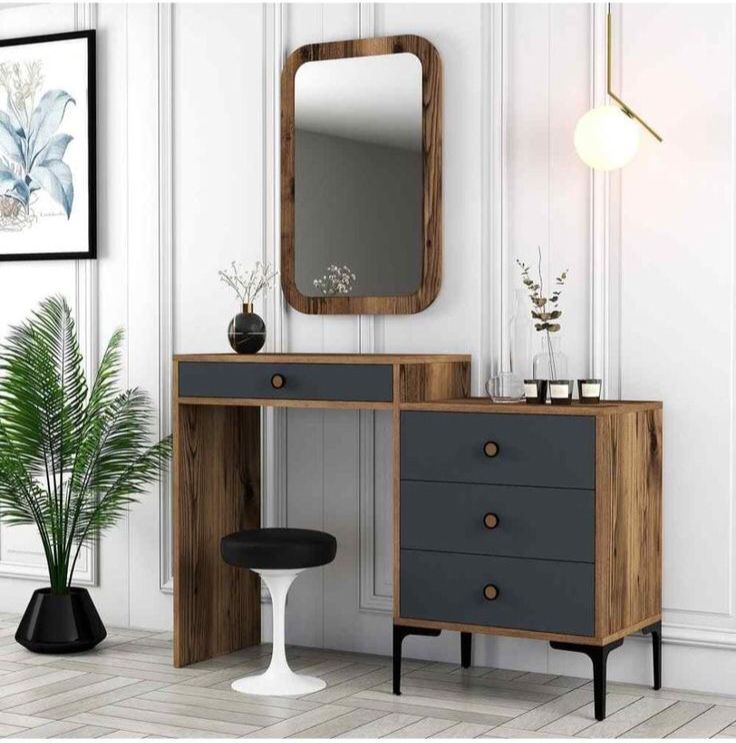 Coiffeuse Moderne Chic - Noyer, Gris & Blanc - avec Miroir
