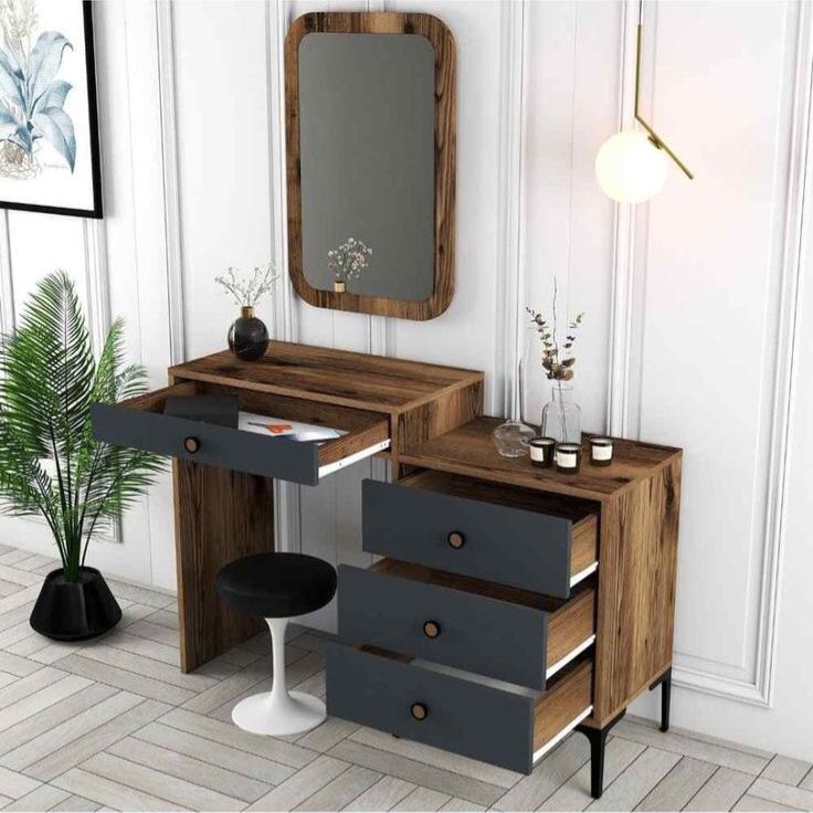 Coiffeuse Moderne Chic - Noyer, Gris & Blanc - avec Miroir