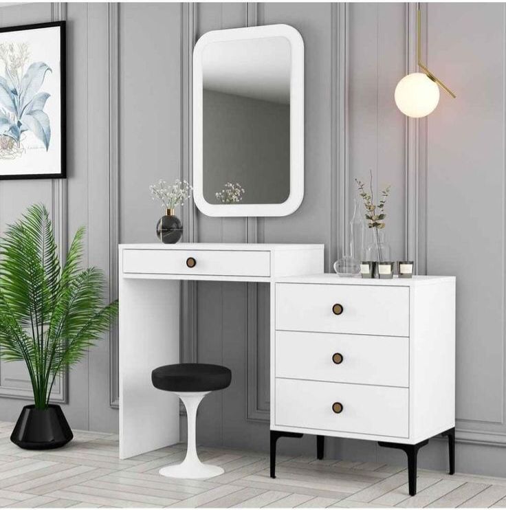 Coiffeuse Moderne Chic - Noyer, Gris & Blanc - avec Miroir