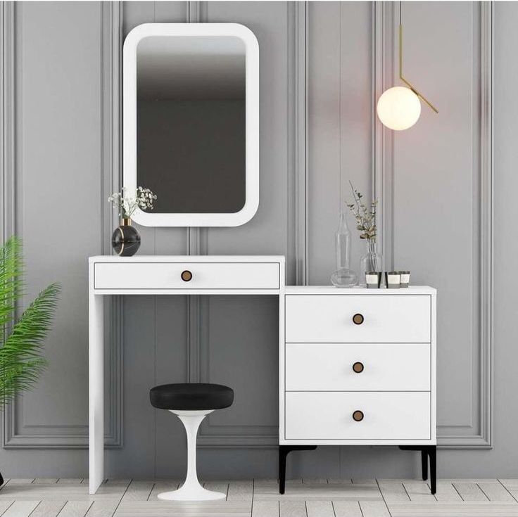 Coiffeuse Moderne Chic - Noyer, Gris & Blanc - avec Miroir