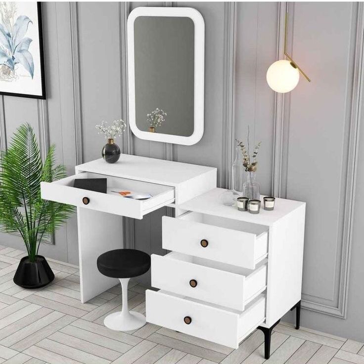 Coiffeuse Moderne Chic - Noyer, Gris & Blanc - avec Miroir