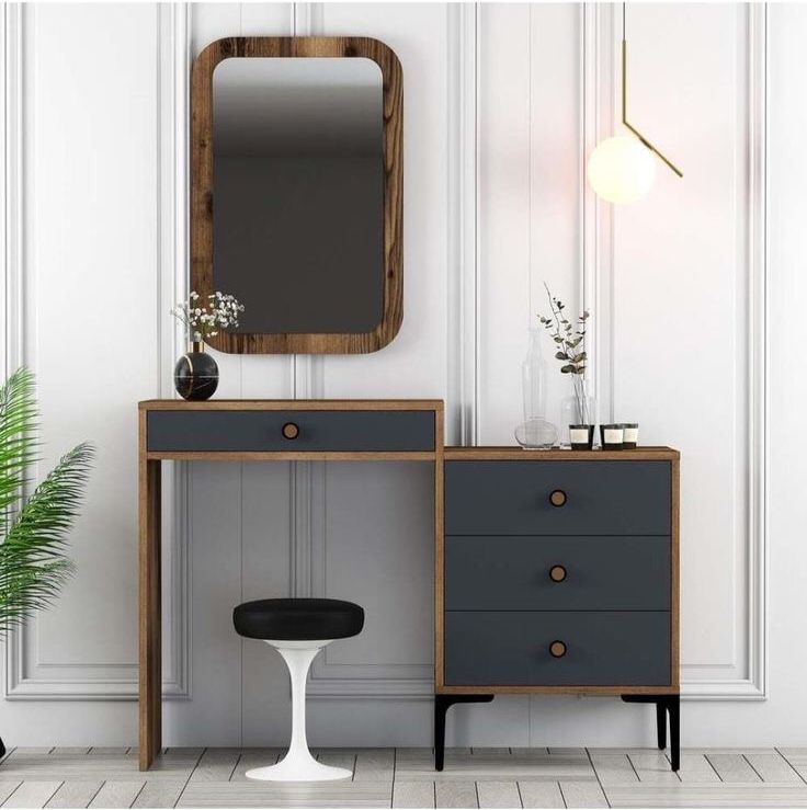Coiffeuse Moderne Chic - Noyer, Gris & Blanc - avec Miroir