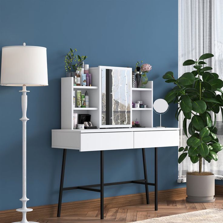 Coiffeuse de Maquillage Moderne - Blanc - Miroir & Multi-tiroirs