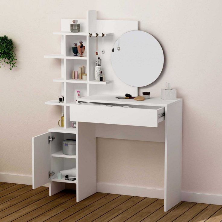 Coiffeuses design en bois blanc avec tiroir et étagères ouvertes et miroir