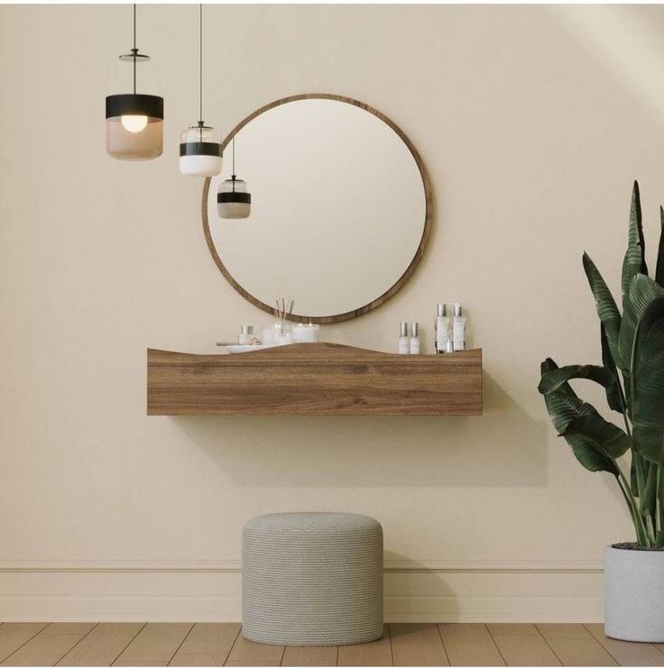 Penderie avec tiroir profilé et miroir rond (Chêne / Noyer) - 80 cm