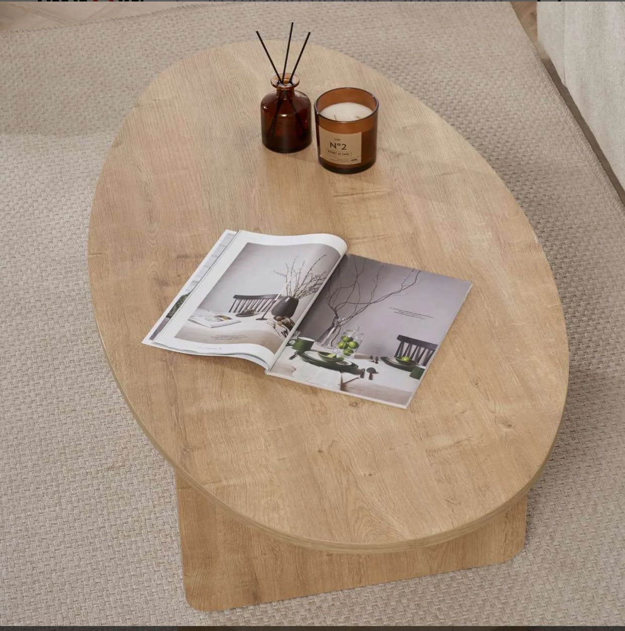 Table basse moderne ovale - Pied en T (Noir / Chêne / Noyer)