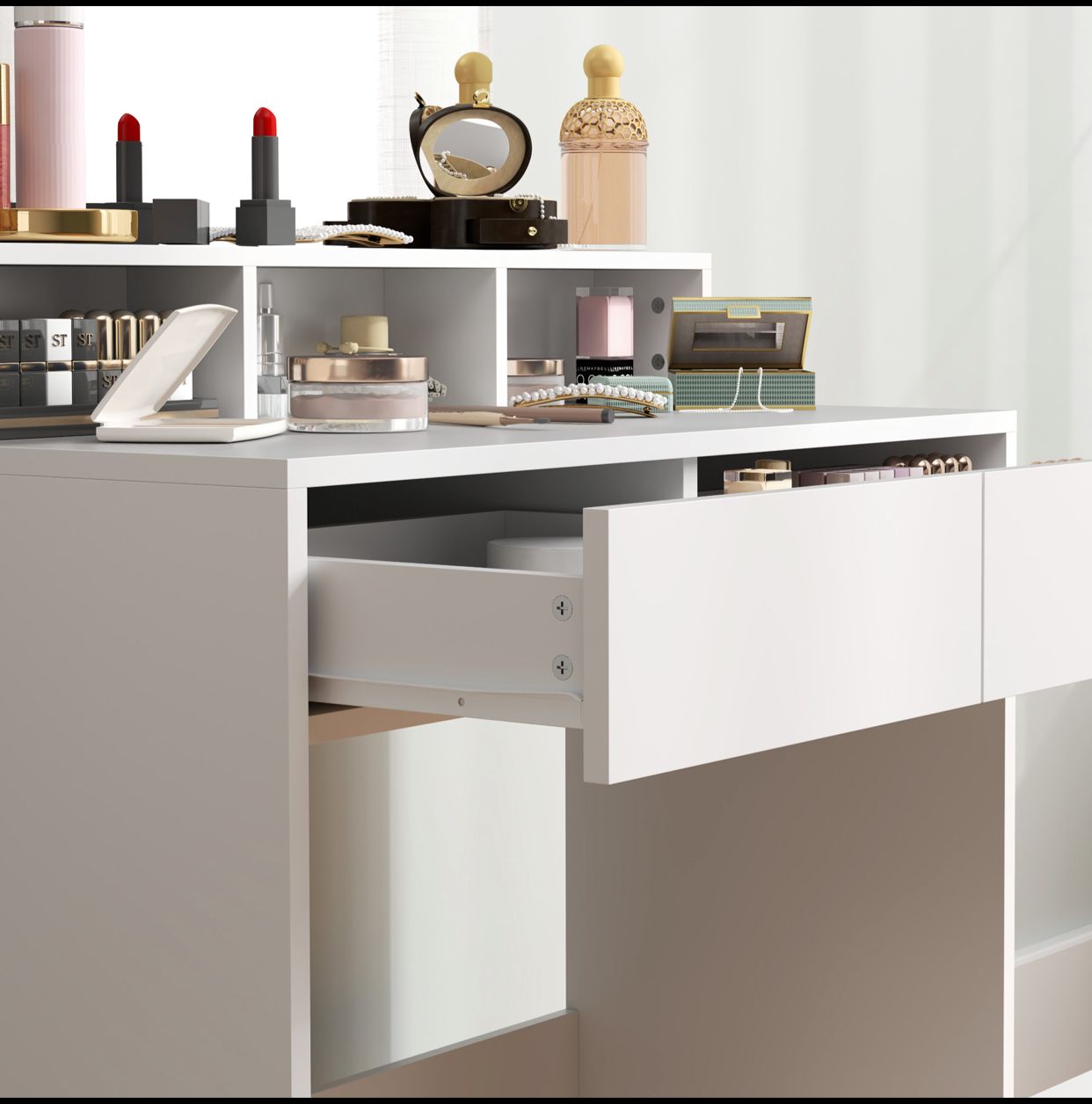 Coiffeuses de Maquillage avec Miroir, 3 Étagères, 2 Tiroirs et Tabouret