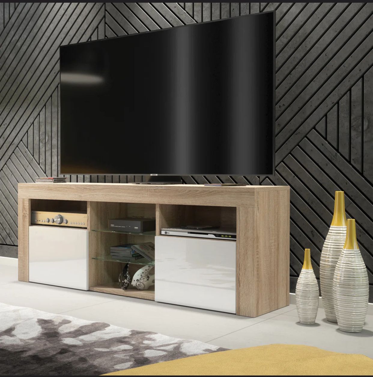 Meuble TV Annagrove pour téléviseurs jusqu'à 65 - chêne et blanc 145cm