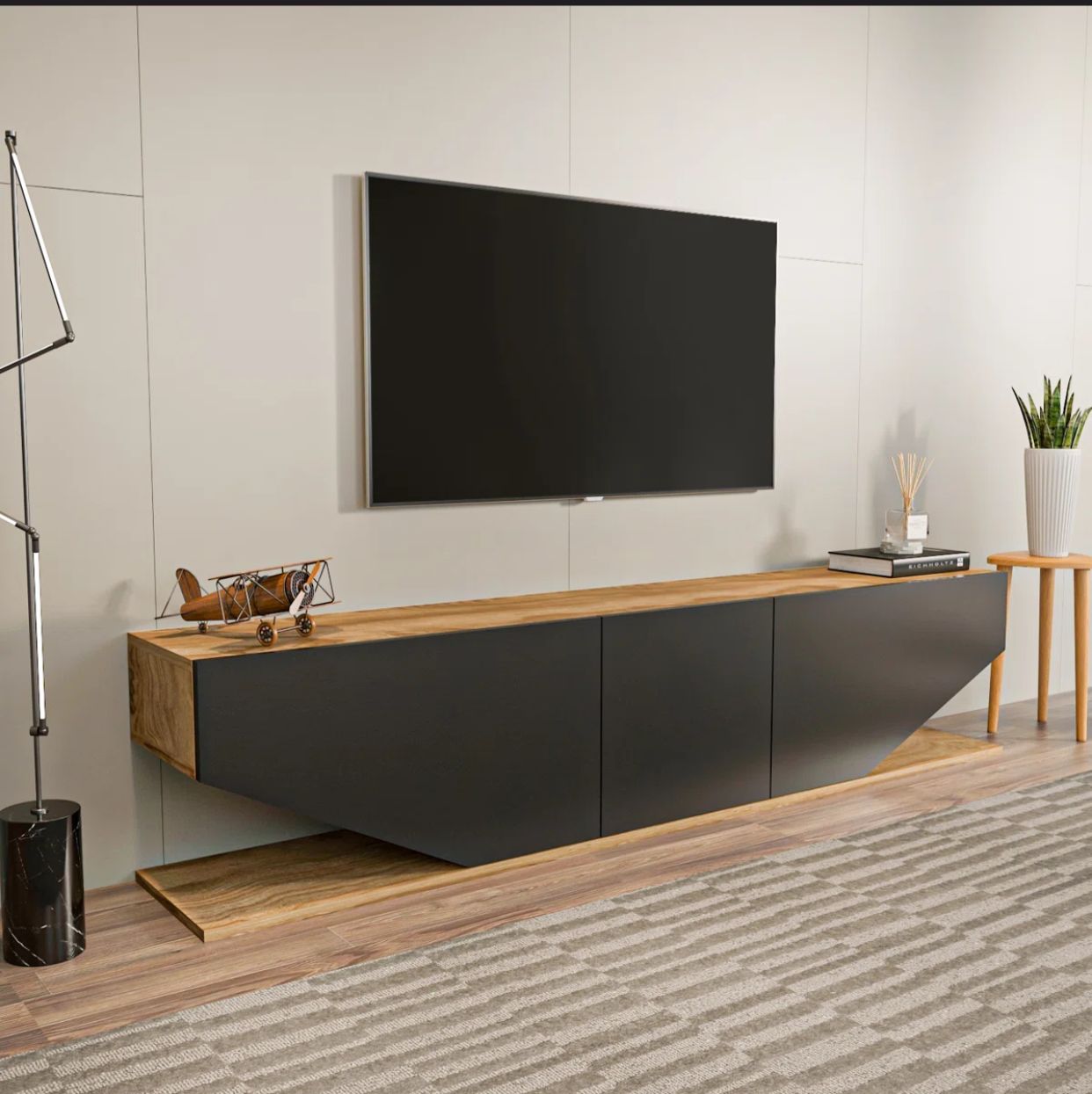 Meuble TV moderne - Pearl - pour téléviseurs jusqu'à 71 chêne et Gris 180cm