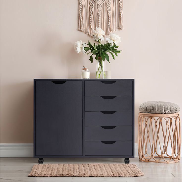 Armoire de classement verticale à tiroir, porte, étagère réglable, roulettes - Noir - Bois MDF