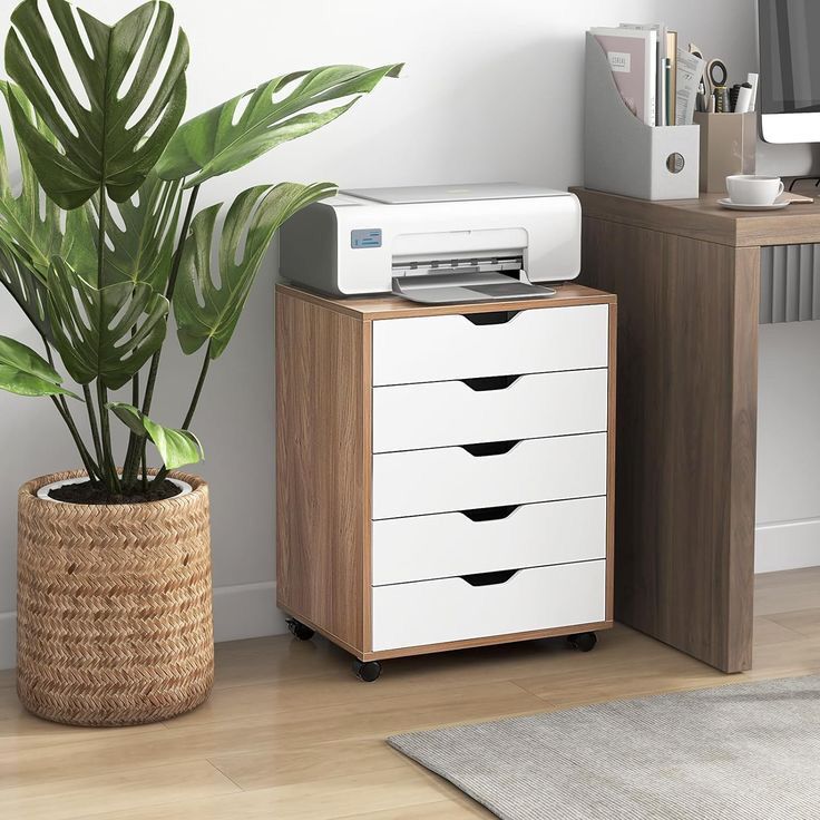 Table de chevet - Noyer et Blanc 5 tiroirs bois MDF