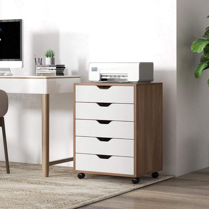 Table de chevet - Noyer et Blanc 5 tiroirs bois MDF