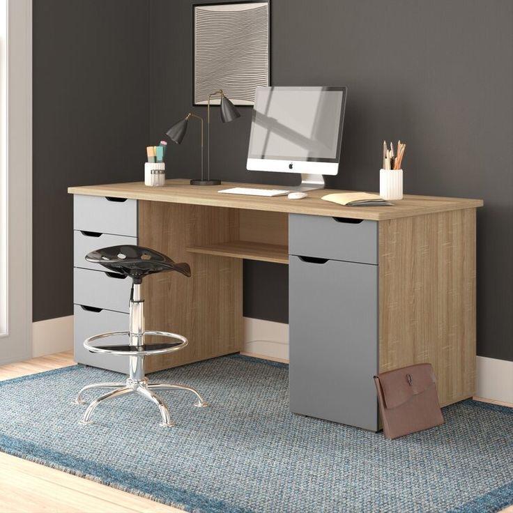 Bureau avec 5 tiroirs et porte - Chêne et Gris 160cm bois Mdf
