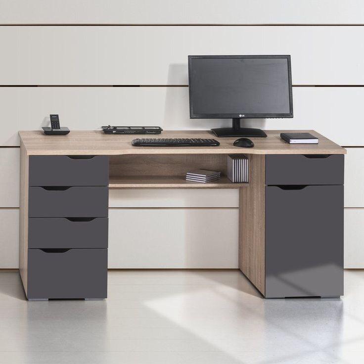 Bureau avec 5 tiroirs et porte - Chêne et Gris 160cm bois Mdf